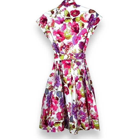 Eliza J 1950's Themed Pink Floral Collared Button Flare Skirt Midi Dress Size 0 - Picture 6 of 9